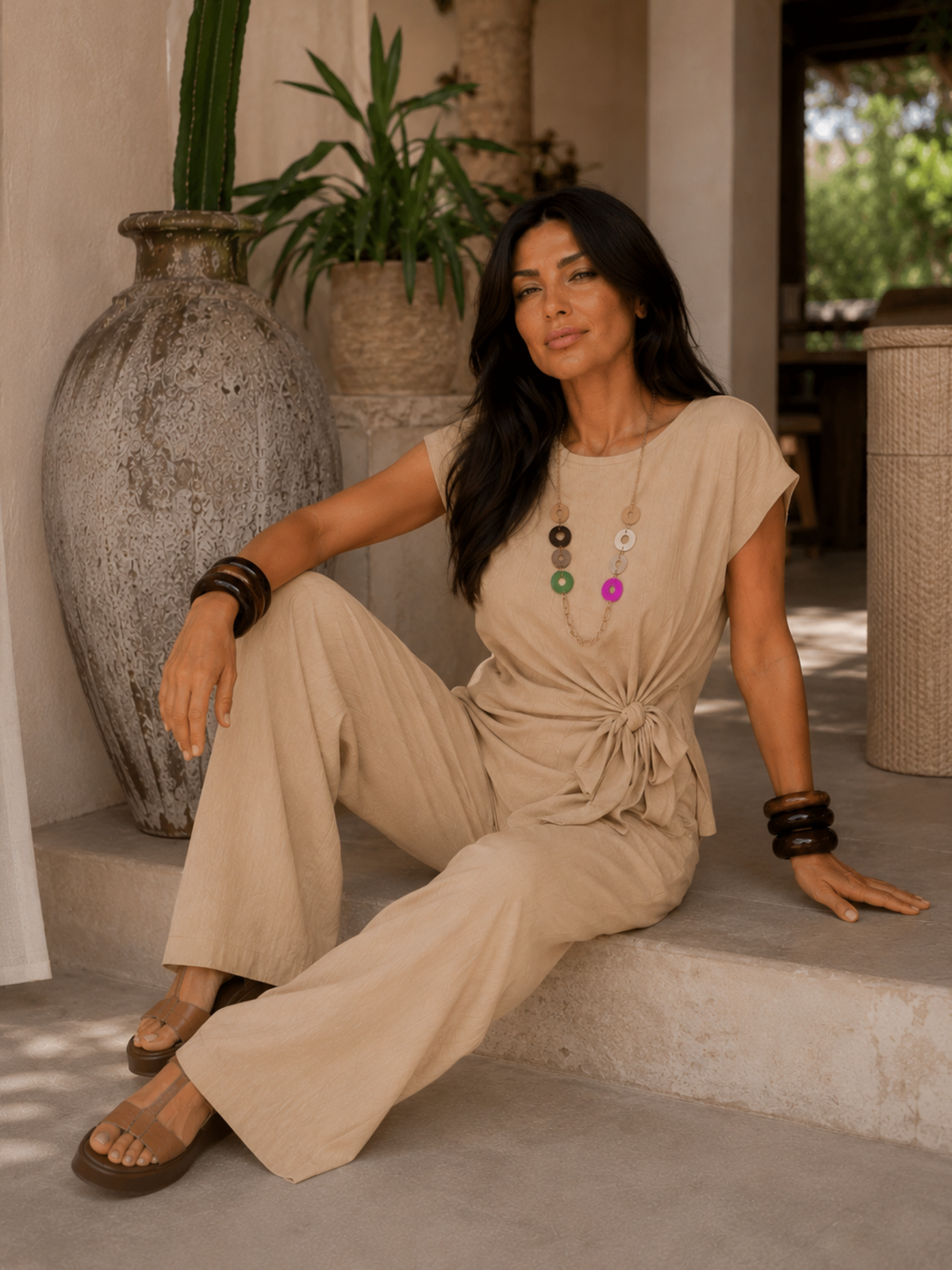 Completo elegante con maglia, pantaloni e collana
